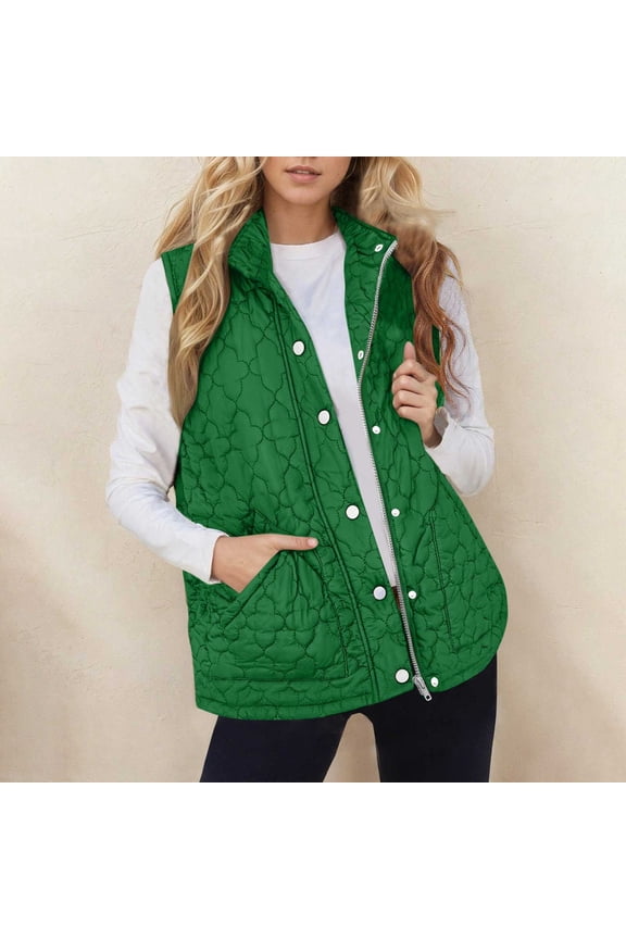 Quilted Vests for Women Winter Warm Sleeveless Zip up Button Cotton Jackets Outerwear Coats with Pockets Green XXL