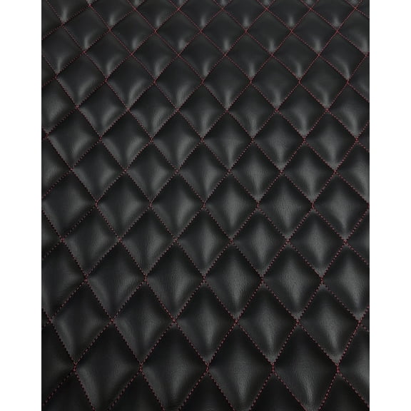 Quilted Vinyl Padded Upholstery Fabric w 3/8" Foam Backing Smooth Grain 2"x3" Diamond /58" Wide/Continuous Yard/ Thick Foam Backed for Headboards, Accent Walls, Furniture (Black, Red Thread)