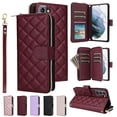 thumbnail image 1 of Quilted Wallet Phone Case with Strap & Stand for Samsung Galaxy S21 5G Zippered Card Holder Red, 1 of 5