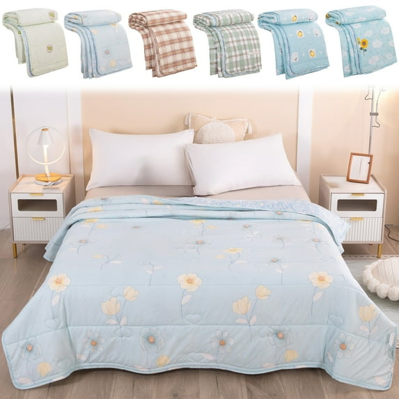 Quilted Washed Cotton Summer Cooling Blanket Soft Skin Friendly Fabric Breathable Design Machine Washable Compact Nap Travel Quilt