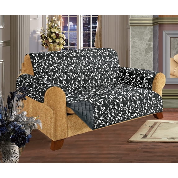 Quilted Water-Absorbent Microfiber Reversible Leaf Furniture Protector/Slipcover, Sofa Size, Black