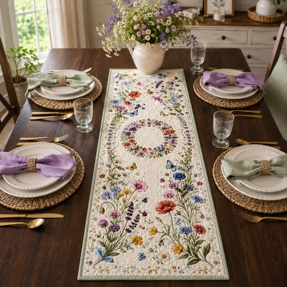 Quilted Wildflower Table Runner, Cottagecore Floral Spring Dining Decor