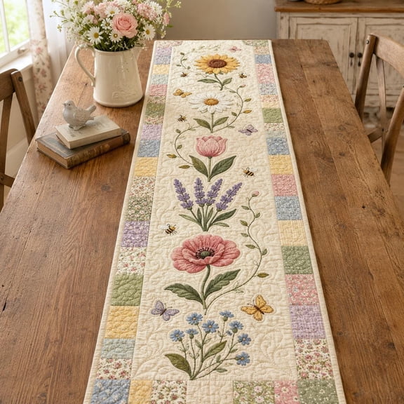 Quilted Wildflower Table Runner, Patchwork Floral Spring Decor
