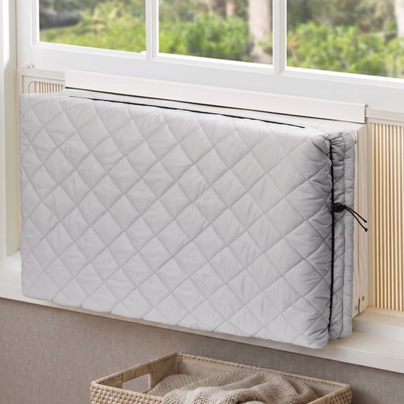 Quilted Window AC Cover, Indoor Air Conditioner Dust Protector, Adjustable Drawstring, Grey