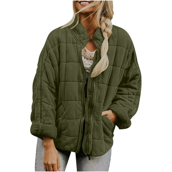 Quilted Winter Jackets Women Stand Collar Full-Zip Coat with Pockets Loose Casual Cotton Padded Outerwear No Hood (L, Army Green)