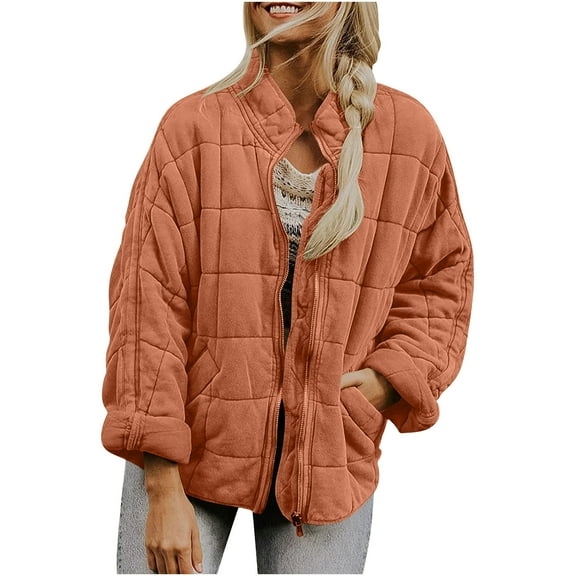 Quilted Winter Jackets Women Stand Collar Full-Zip Coat with Pockets Loose Casual Cotton Padded Outerwear No Hood (XL, Orange)