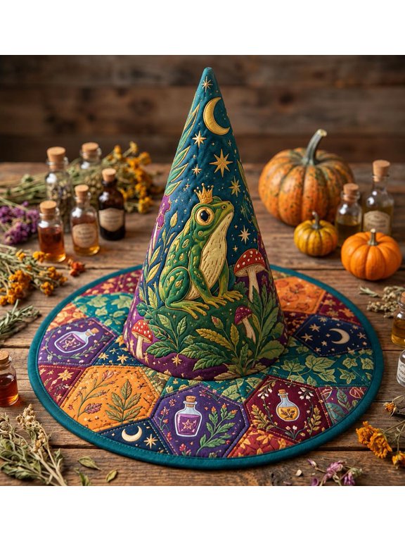 Quilted Witch Hat Decorative, Vintage Gothic Cone Hat with Wide Brim for Halloween Costume, Party & Home Display