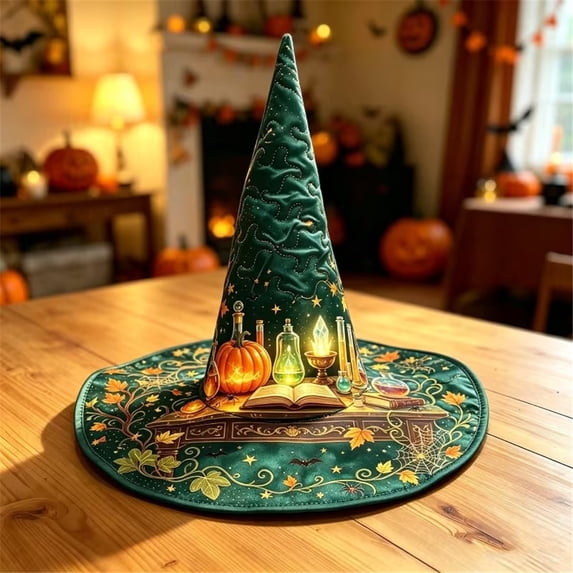 Quilted Witch Hat, Foldable Pointed Costume Hat for Halloween Theme Party