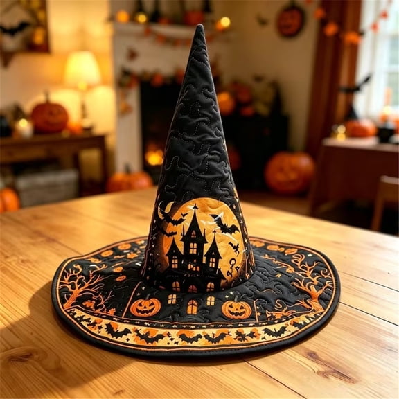 Quilted Witch Hat, Vintage Printed Wide‑Brim Pointed Wizard Hat for Halloween Cosplay Party