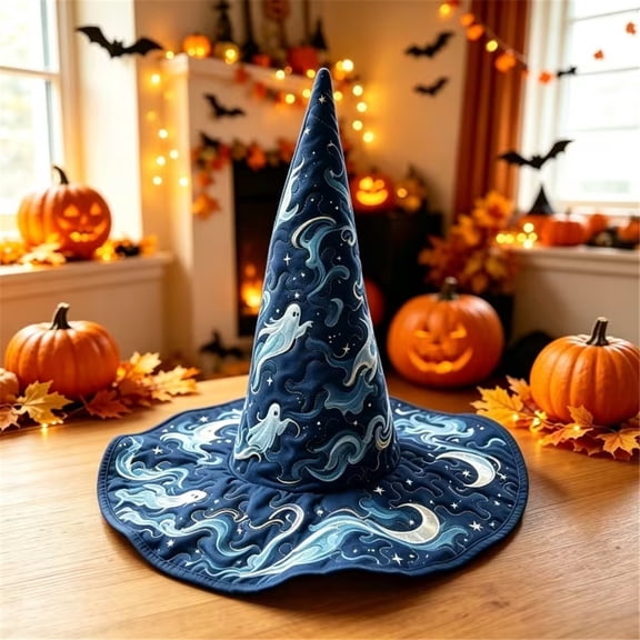 Quilted Witch Hat, Vintage Printed Wide‑Brim Pointed Wizard Hat for Halloween Cosplay Party