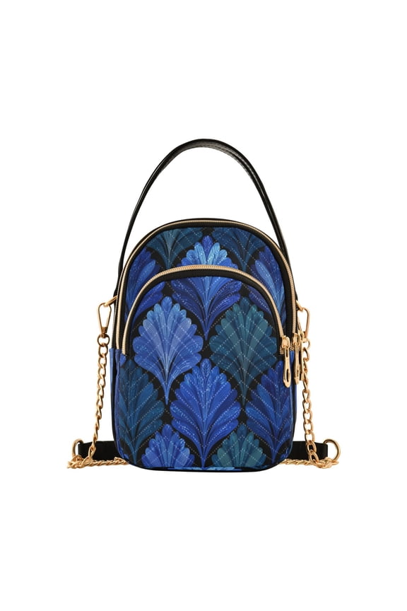 Quilted Women's Crossbody Bag Purses and Handbags with Detachable Leather Strap Blue Batik Leaves Pattern
