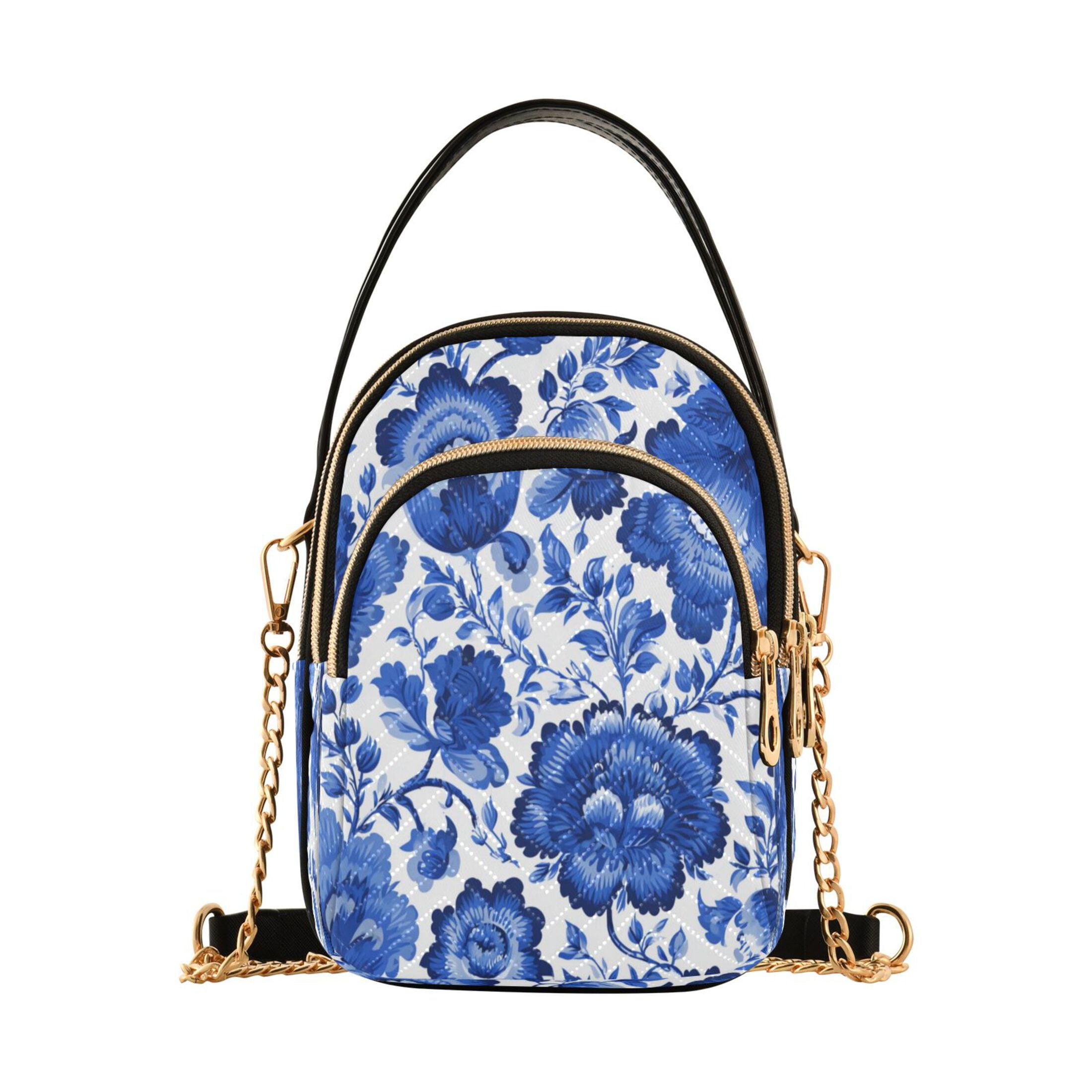 Quilted Women's Crossbody Bag Purses and Handbags with Detachable Leather Strap Blue Floral Pattern