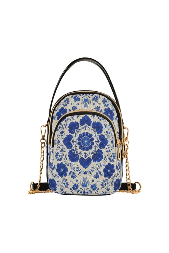 Quilted Women's Crossbody Bag Purses and Handbags with Detachable Leather Strap Blue and White Batik Pattern