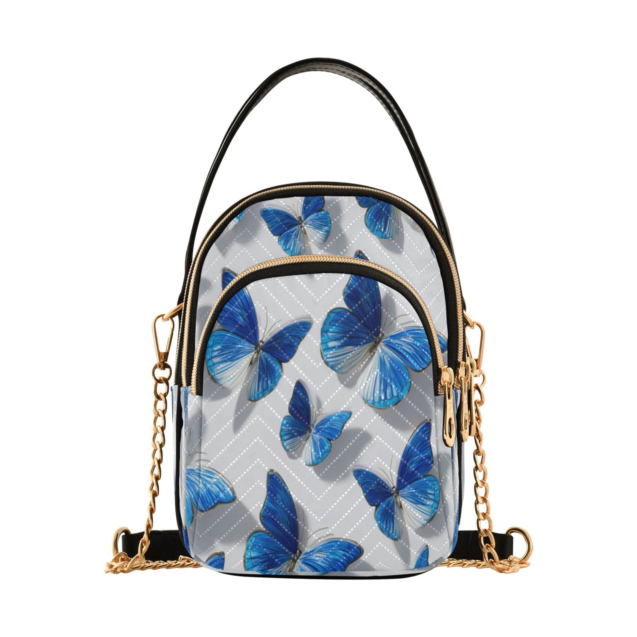 Quilted Women's Crossbody Bag Purses and Handbags with Detachable Leather Strap Blue and White Butterfly