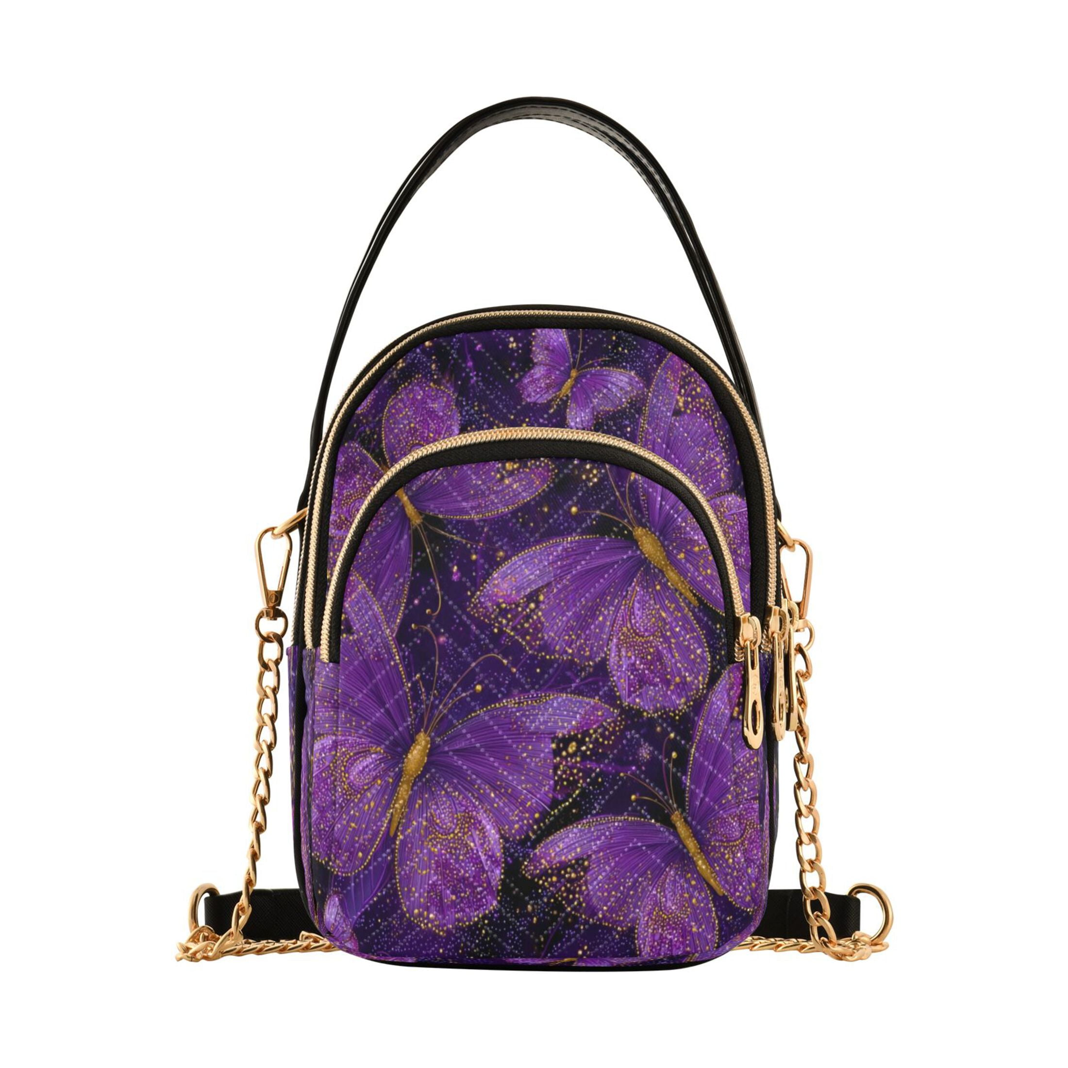 Quilted Women's Crossbody Bag Purses and Handbags with Detachable Leather Strap Glowing Purple Butterfly