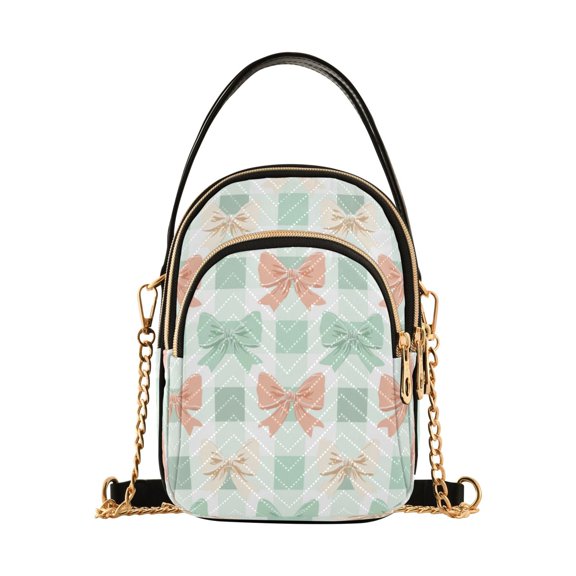 Quilted Women's Crossbody Bag Purses and Handbags with Detachable Leather Strap Green and Peach Bow Pattern