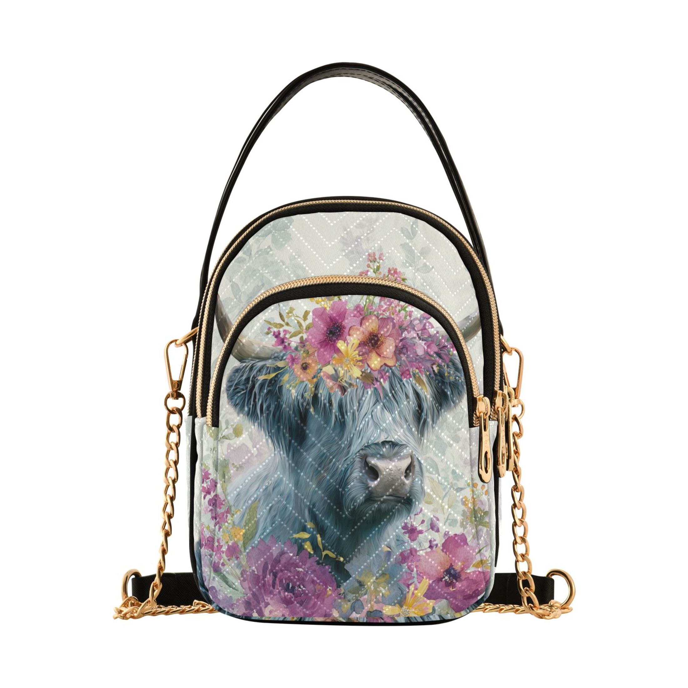 Quilted Women's Crossbody Bag Purses and Handbags with Detachable Leather Strap Highland Cow with Wildflowers