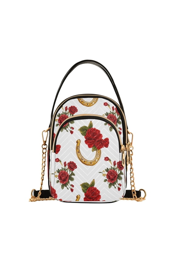 Quilted Women's Crossbody Bag Purses and Handbags with Detachable Leather Strap Horseshoe Pattern with Red Roses