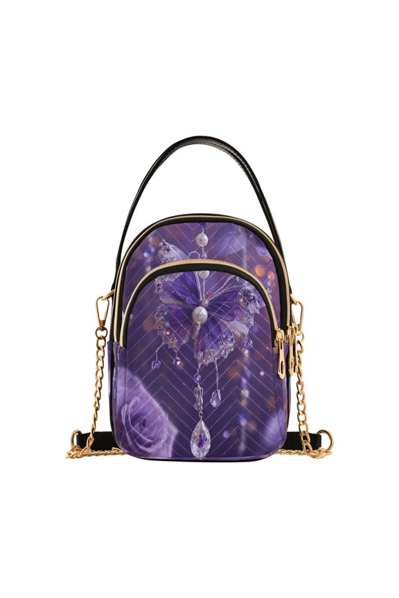 Quilted Women's Crossbody Bag Purses and Handbags with Detachable Leather Strap Purple Butterfly Pattern