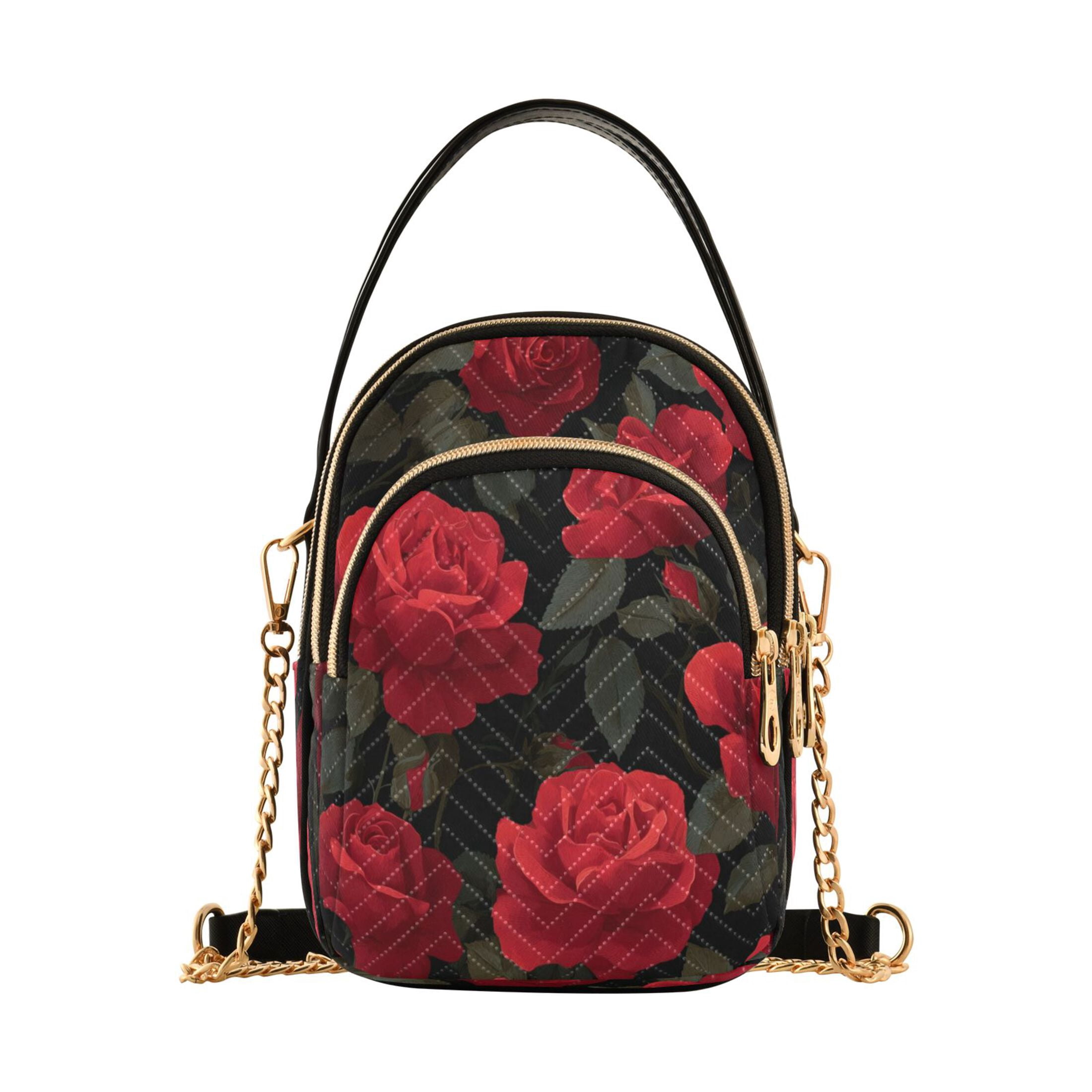 Quilted Women's Crossbody Bag Purses and Handbags with Detachable Leather Strap Red Roses Pattern