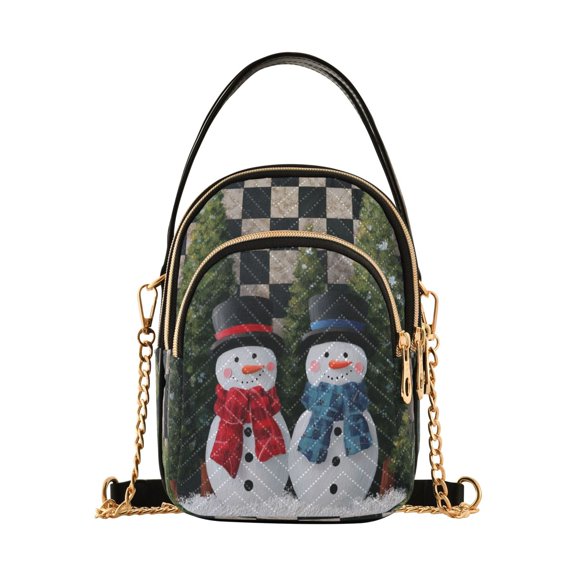 Quilted Women's Crossbody Bag Purses and Handbags with Detachable Leather Strap Two Snowmen Pattern
