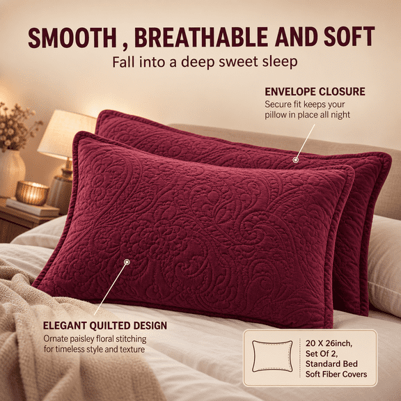 Quiltedow Shams Set Of 2 Decorativefiber Standard Bed Soft Breathable Covers With Envelope Closure (burgundy 2pcs:20 X 26inch)