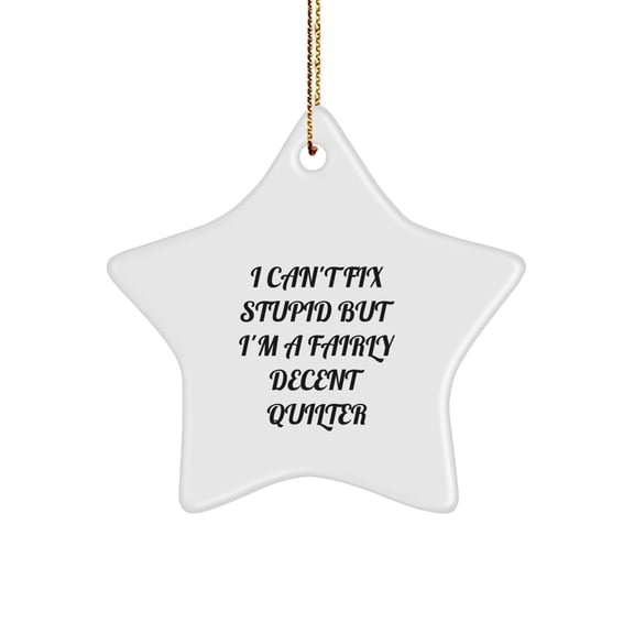 Quilter Gifts from Family - Funny Quilter Star Ornament, Star Shaped White Christmas Unique Gifts with I Can't Fix Stupid But I'm A Fairly Decent Quilter Quote