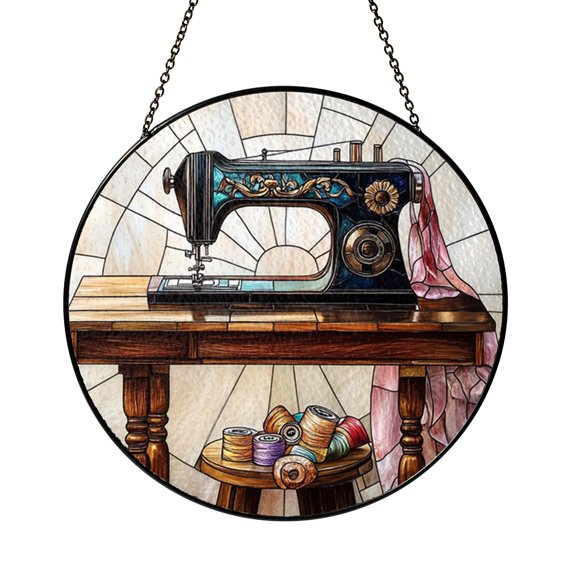 Quilter Sewing Machine Window Suncatcher, Faux Stained Glass Craft Room Decor for Creative Homes