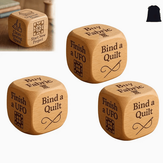Quilter's Dice - Handmade Wooden Decision Dice with 6 Engraved Sewing Tasks, Fun Gift to Spark Inspiration for Craft Lovers 3PC