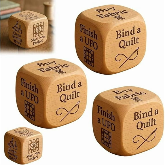 Quilter’s Dice, Handmade Wooden Quilting Decision Dice with 6 Engraved Sewing Tasks, Fun Gift for Quilters, Sewists & Craft Lovers to Add Excitement to Sewing Routine (3PCS)