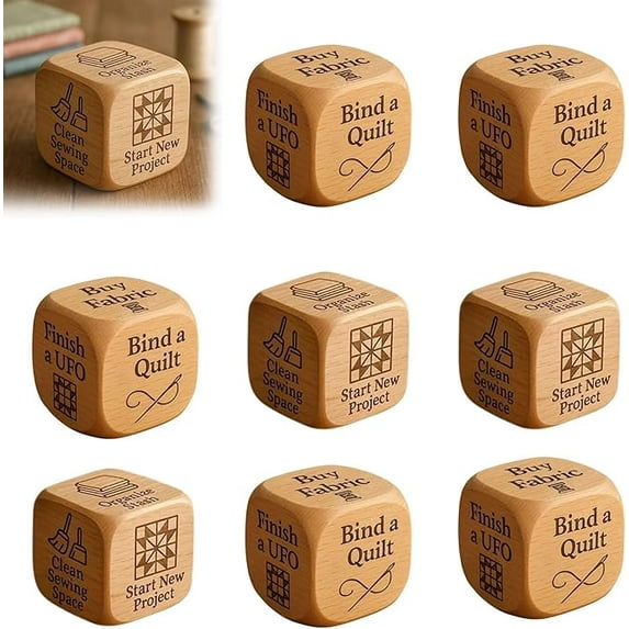 Quilter’s Dice, Handmade Wooden Quilting Decision Dice with 6 Engraved Sewing Tasks, Fun Gift for Quilters, Sewists & Craft Lovers to Add Excitement to Sewing Routine (9PCS)