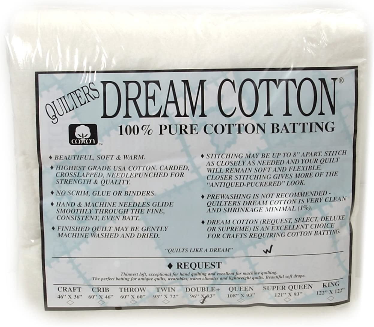 Quilter's Dream Cotton Request Batting - White Double Size 96x93 Inch Natural Cotton Batting
