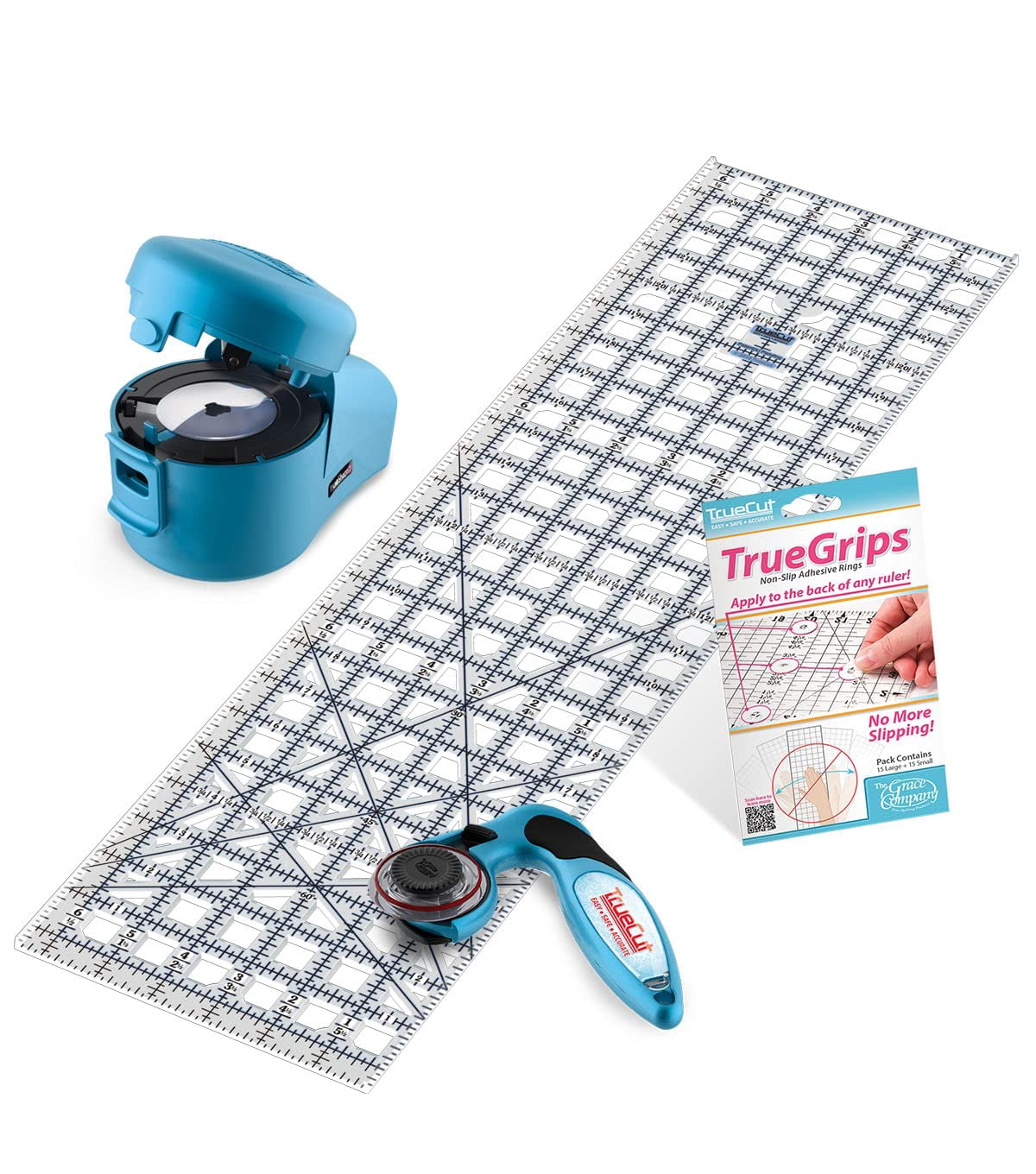 Quilters Ruler, Rotary Cutter, Ruler Grips, & Rotary Blade Sharpener ...