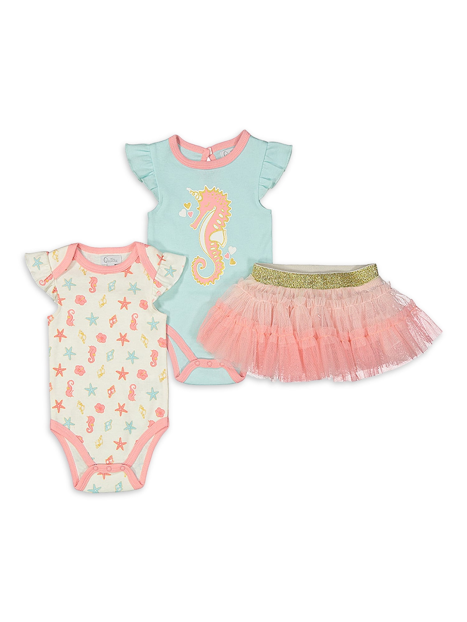 Quiltex Baby Girl Bodysuits & Skirt Outfit, 3pc Set