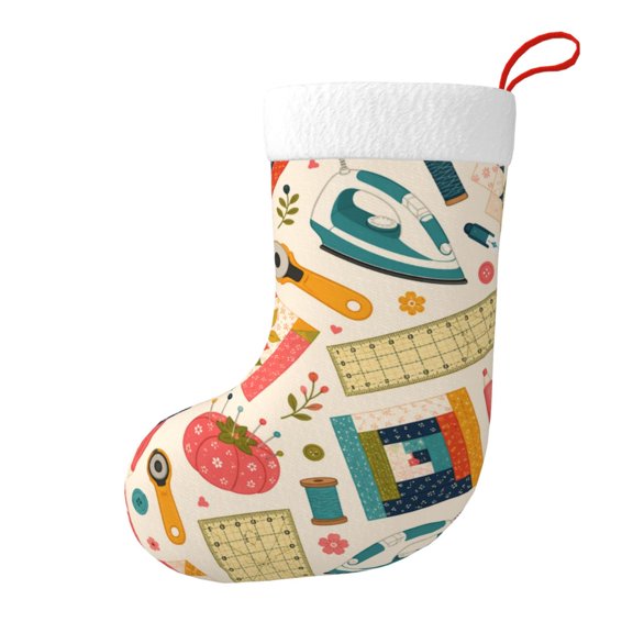 Quilting And Fabric Craft Design Christmas Stocking, Holiday Tree Stocking with Hanging Loop for Mantel and Fireplace
