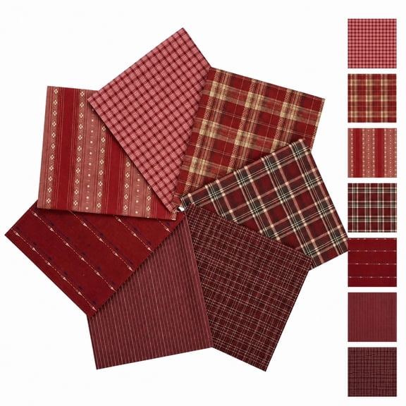 Quilting Fabric Squares with 100% Cotton Retro Plaid and Stripe Patterns, 7-Piece Set, Red Christmas Theme, for Sewing and Crafting