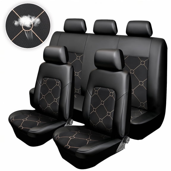 Quilting Leather Seat Cover Set, Embroidered Coin Thread, Universal Fit Automotive PU Premium Luxury for Cars Sedan Vanaterproof PU Premium Luxury for Cars Sedan Van SUV Airbag Compatible Black/ Gold