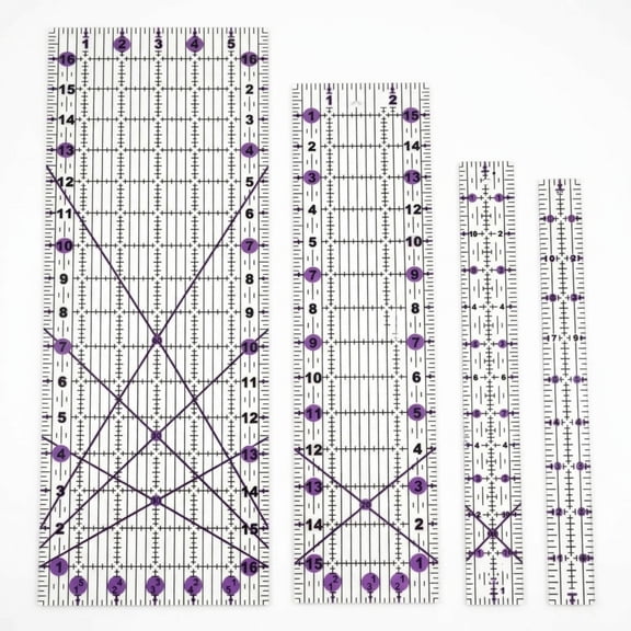 Quilting Rulers Set, Acrylic Templates for Fabric Patchwork Cutting, Precision Rotary Tools for Quilt Blocks and Sewing, Purple, Clear, Four Sizes from 1 in by 11 in to 6 in by 17 in