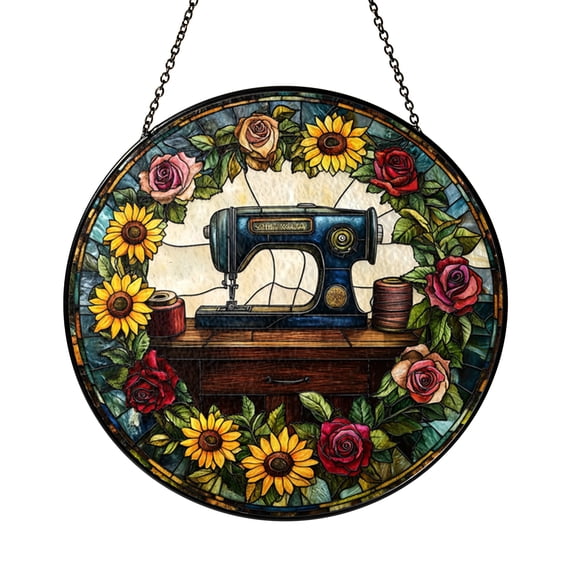 Quilting Sewing Machine Stained Glass Window Hanging Suncatcher, Decorative Craft Studio Art Panel Ornament for Creative Room Window Decor, Unique Gift for Sewing Fans