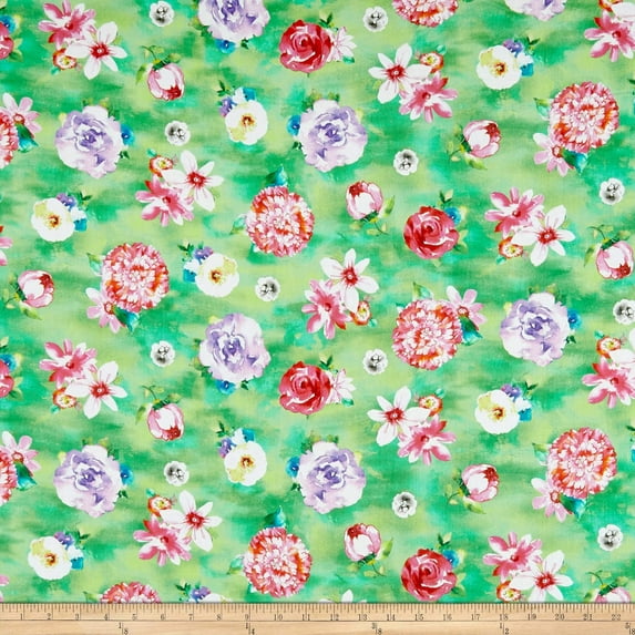Quilting Treasures Annabelle Floral Toss Jade 100% Cotton Fabric sold by the yard