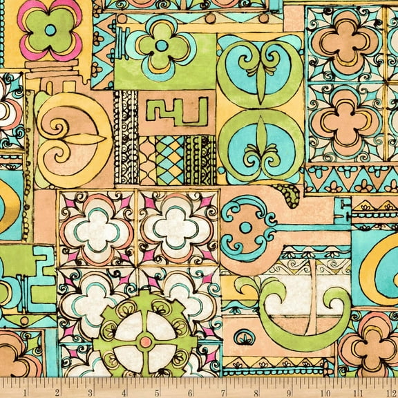 Quilting Treasures Aziza Stained Glass Geo Aqua 100% Cotton Fabric sold by the yard