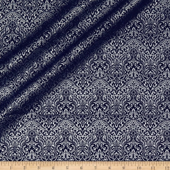 Quilting Treasures Basics Luminous Lace (Not Actual Lace!) Chevron Brocade Blender Metallic Navy Quilt 100% Cotton Fabric sold by the yard