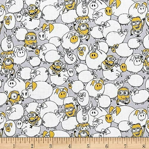 Quilting Treasures Despicable Me 3 Best Family Ever Minions & Pigs Lt Gray Fabric by The Yard