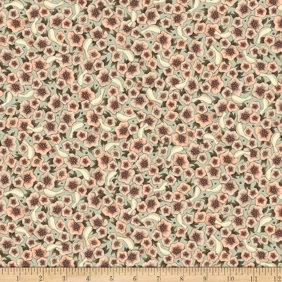 Quilting Treasures Lost Song Packed Flower Light Dusty Teal 100% Cotton Fabric sold by the yard