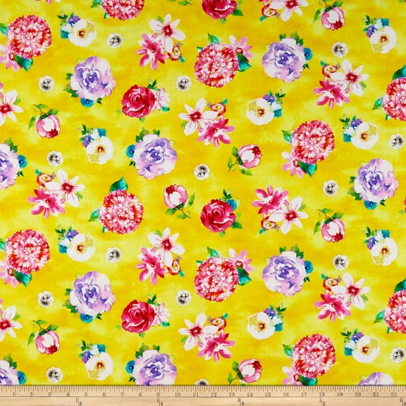 Quilting Treasures Quilt Fabrics Annabelle Floral Toss Yellow 100% Cotton Fabric sold by the yard