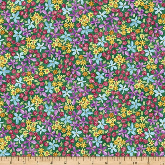 Quilting Treasures Quilt Fabrics Shop Hop Packed Flowers Green 100% Cotton Fabric sold by the yard