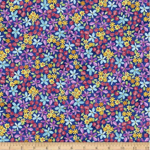 Quilting Treasures Quilt Fabrics Shop Hop Packed Flowers Navy 100% Cotton Fabric sold by the yard