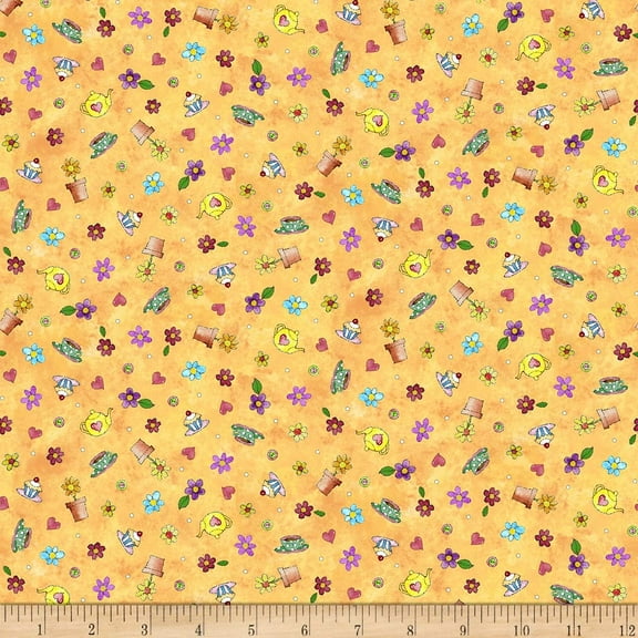 Quilting Treasures Quilt Fabrics Shop Hop Tossed Motifs Gold 100% Cotton Fabric sold by the yard