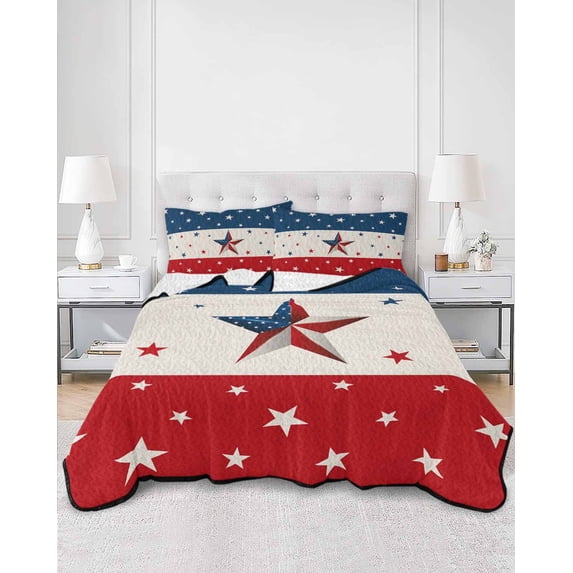 Quilts Full Size, 4th of July Soft Comforter Bedding Set for Bed, Red White Blue Striped Independence Day Star Lightweight Quilted Bedspread with Pillow Cover(2 Pieces) for All Season, 78x90 Inch