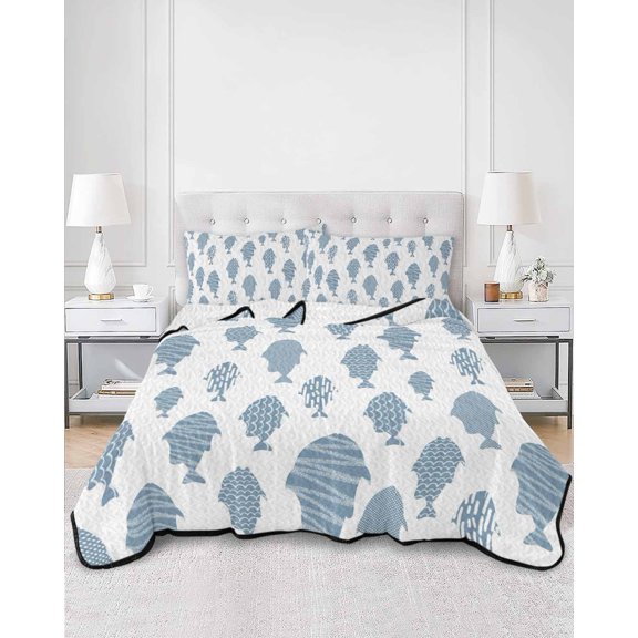 Quilts Full Size, Abstract Art Fish Blue Soft Comforter Bedding Set for Bed, Coastal Ocean Summer Marine Life Lightweight Quilted Bedspread with Pillow Cover(2 Pieces) for All Season, 78x90 Inch